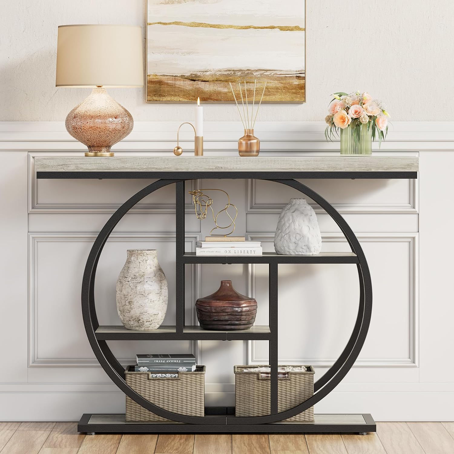 41.3" Console Table, Modern Sofa Table with Circle Base, 4-Tier Narrow Entryway Table for Hallway, Slim Industrial Accent Table with Storage Shelves for Living Room, Grey