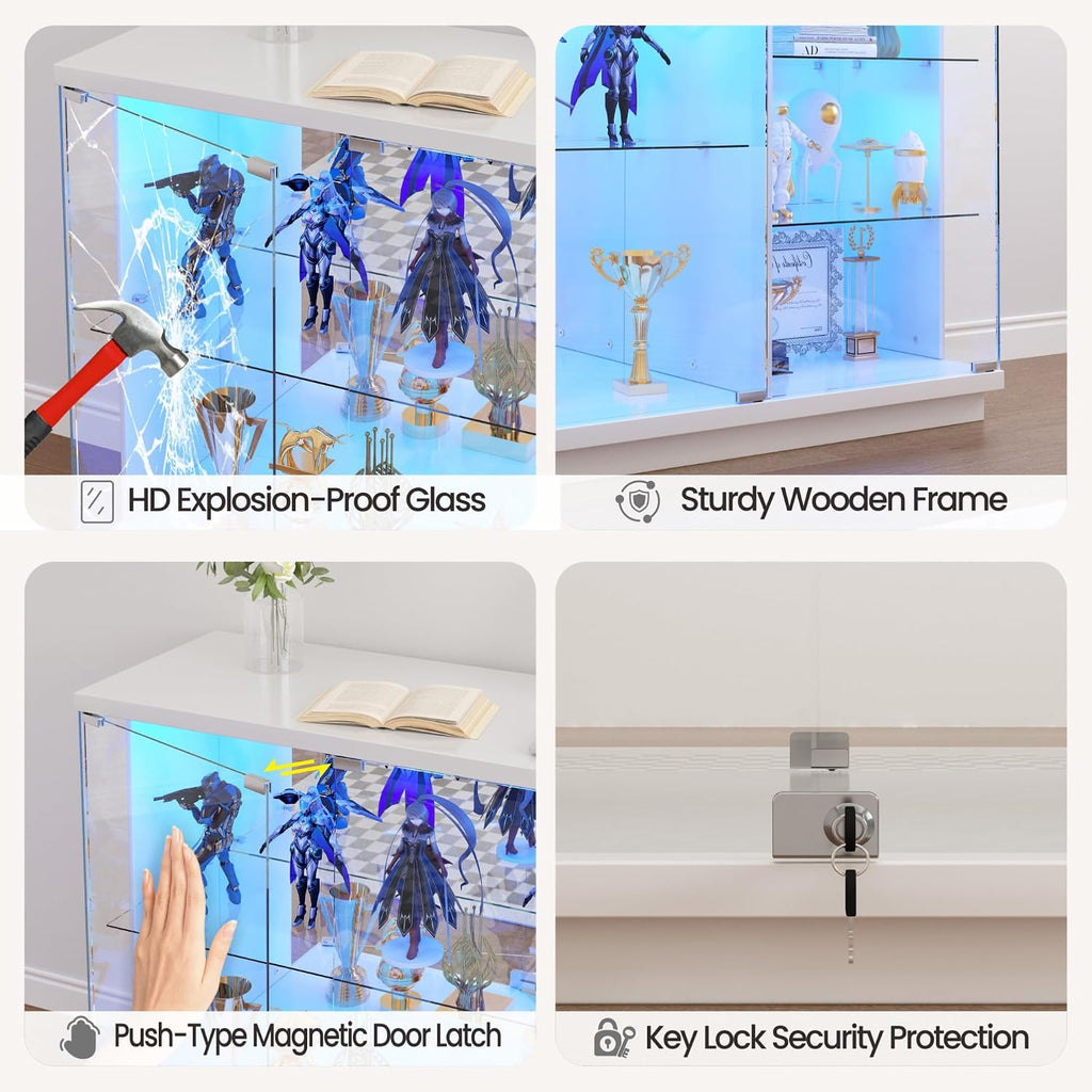 Gurexl 47.2" W Glass Display Cabinet with 3-Color LED Lights, 5-Tier Lockable Curio Cabinet with Human Body Sensor & Charging Station, Display Case for Collectibles, Living Room, Kitchen, White