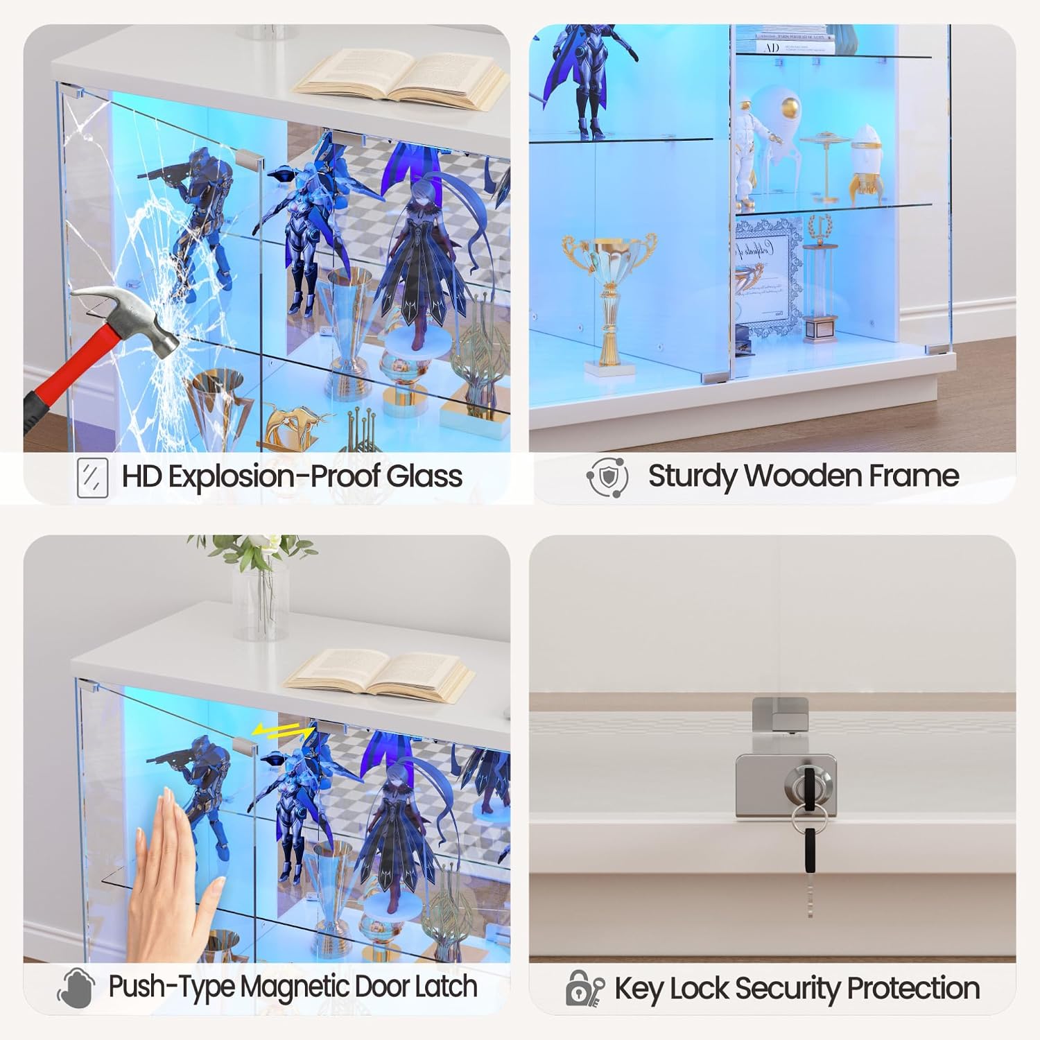 Gurexl 47.2" W Glass Display Cabinet with 3-Color LED Lights, 5-Tier Lockable Curio Cabinet with Human Body Sensor & Charging Station, Display Case for Collectibles, Living Room, Kitchen, White