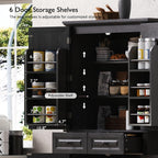 71" Tall Kitchen Pantry Cabinet with 3 Pull Out Organizers, Farmhouse Storage Cabinet with 6 Door Shelves,2 Drawers,Freestanding Cupboard for Kitchen Dining Room (Black-@01)