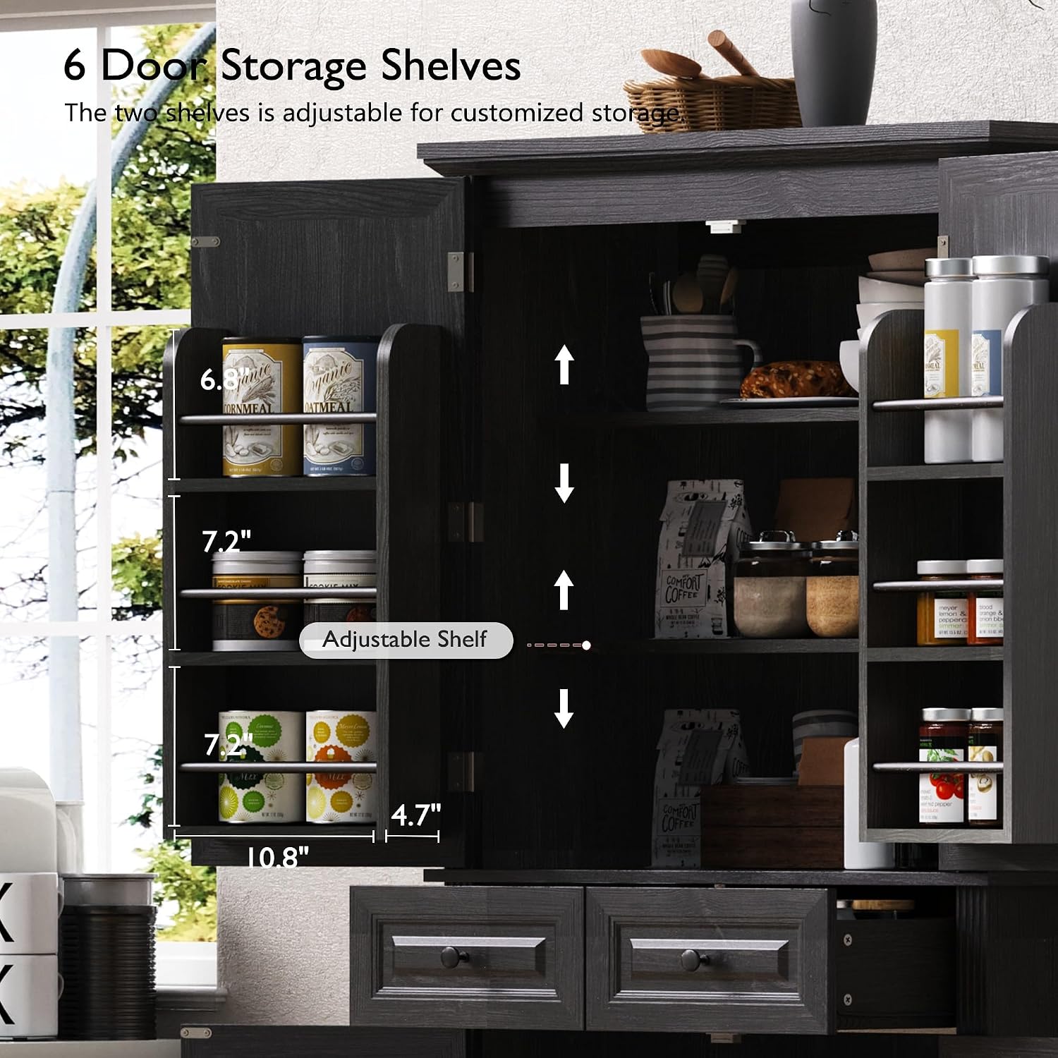 Tall Arched Pantry Cabinet with Pull-Out Cabinet Organizers, Brown | 71"H Farmhouse Storage Cabinet with 6 Door Shelves, 2 Drawers, Anti-Tipping, Embossed Texture for Dining Room