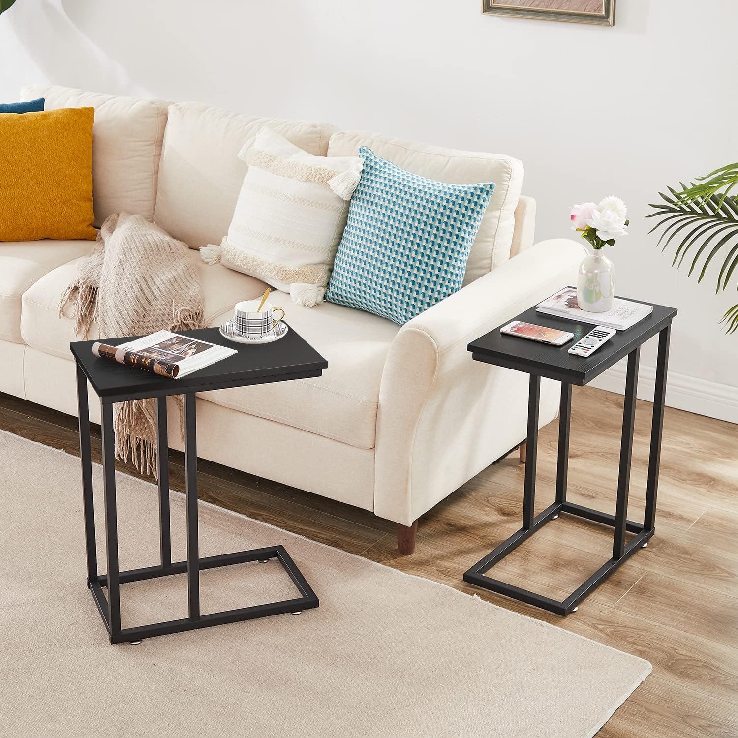 VECELO Universal C-Shaped Side Table, Multi-Functional Snack & TV Tray for Living Room, Bedroom, Black (2 Set)