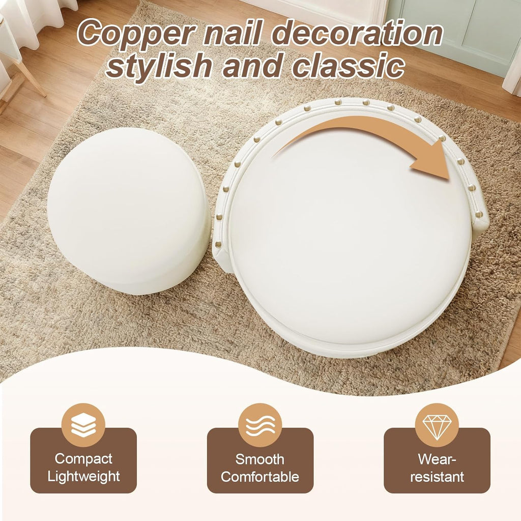 JPBSTO Rolling Round Vanity Chair with Storage, Swivel Makeup Chair with Folding Back, PU Leather Small Upholstered Ottoman for Bedroom Living Room