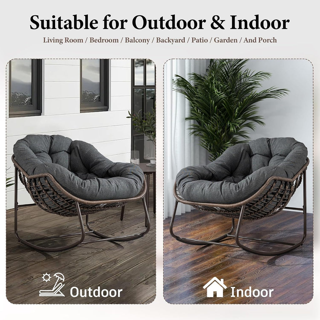 Outdoor Patio Rocking Chair, Oversized Papasan Chair with Cushion and Frame, Comfy Rattan Wicker Egg Chairs Indoor, Modern Lounge Rocker for Front Porch Living Room Bedroom (Dark Grey, Set of 1)