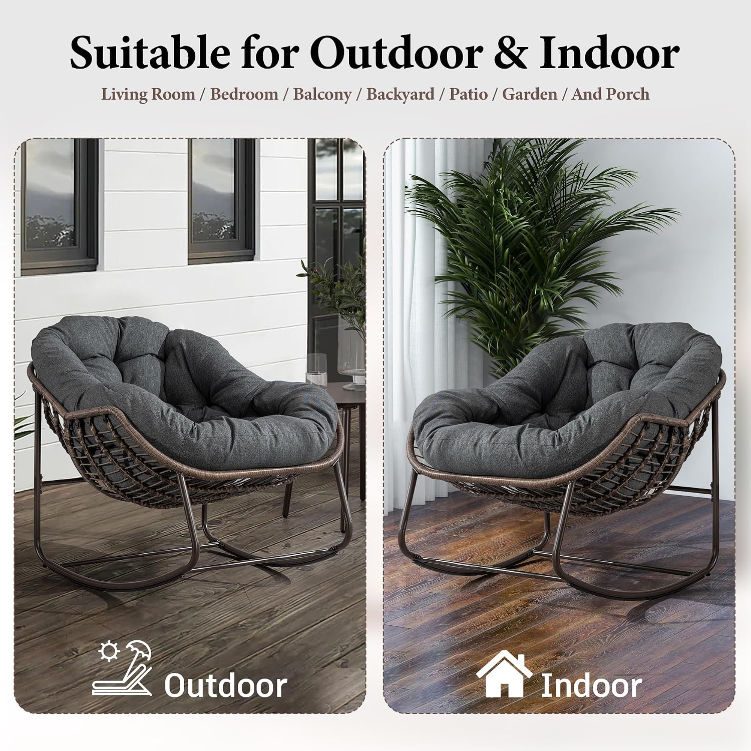 Outdoor Patio Rocking Chair, Oversized Papasan Chair with Cushion and Frame, Comfy Rattan Wicker Egg Chairs Indoor, Modern Lounge Rocker for Front Porch Living Room Bedroom (Dark Grey, Set of 1)