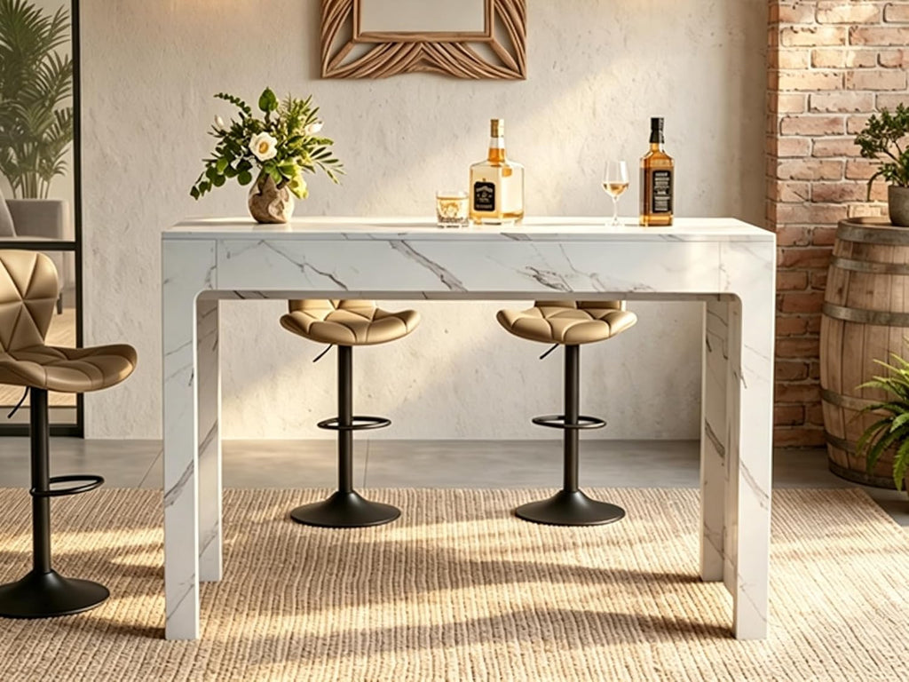 55” Bar Table，Modern Counter Height Pub Table, Long Bar Dining Table with Faux Marble Tabletop，Rectangular Home Bar Unit for 4-6 People, Kitchen, Living Room, Bar, Faux Marble