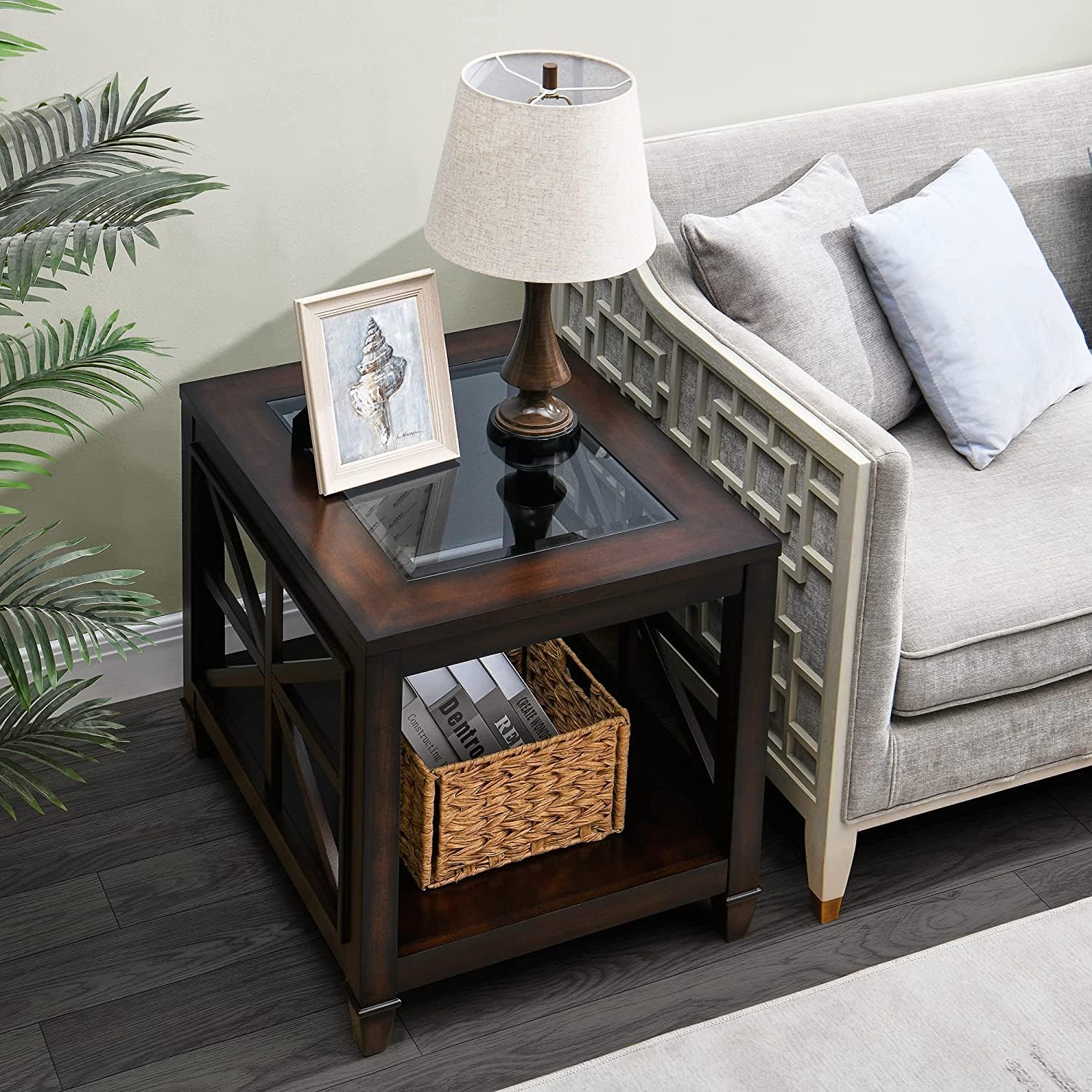 Set of 2 Large Solid Wood End Tables with Tempered Glass Top, 28" x 24" Farmhouse Side Tables, Vintage Walnut for Living Room, Bedroom, Office