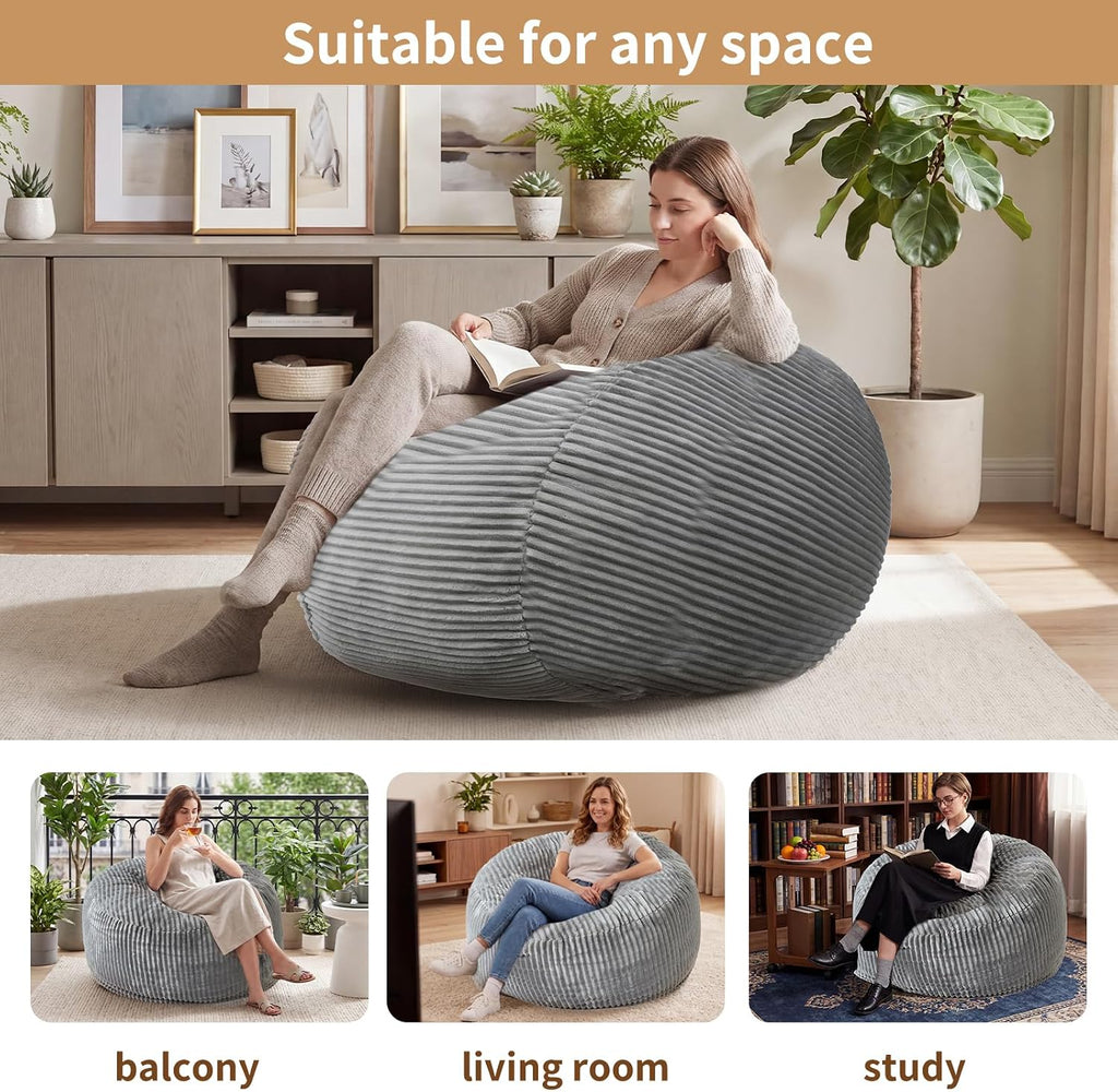 3FT Bean Bag Chairs for Adults, Medium Memory Foam Beanbags with Machine-Washable Wide Stripe Plush Cover Bean Bag Chair for Living Room Bedroom Dorm Office-Ash Grey