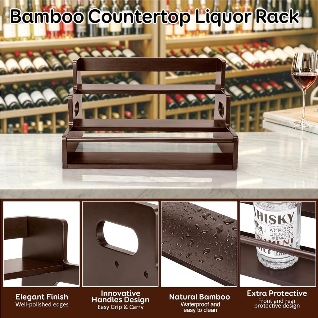Liquor Bottle Display Shelf, 3 Step Countertop Liquor Wine Rack | Coffee Syrup Rack Organizer with handles, Bar Shelf Stand, Whiskey Spirits Wine Holder for Liquor Cabinet, mini bar, Home bar