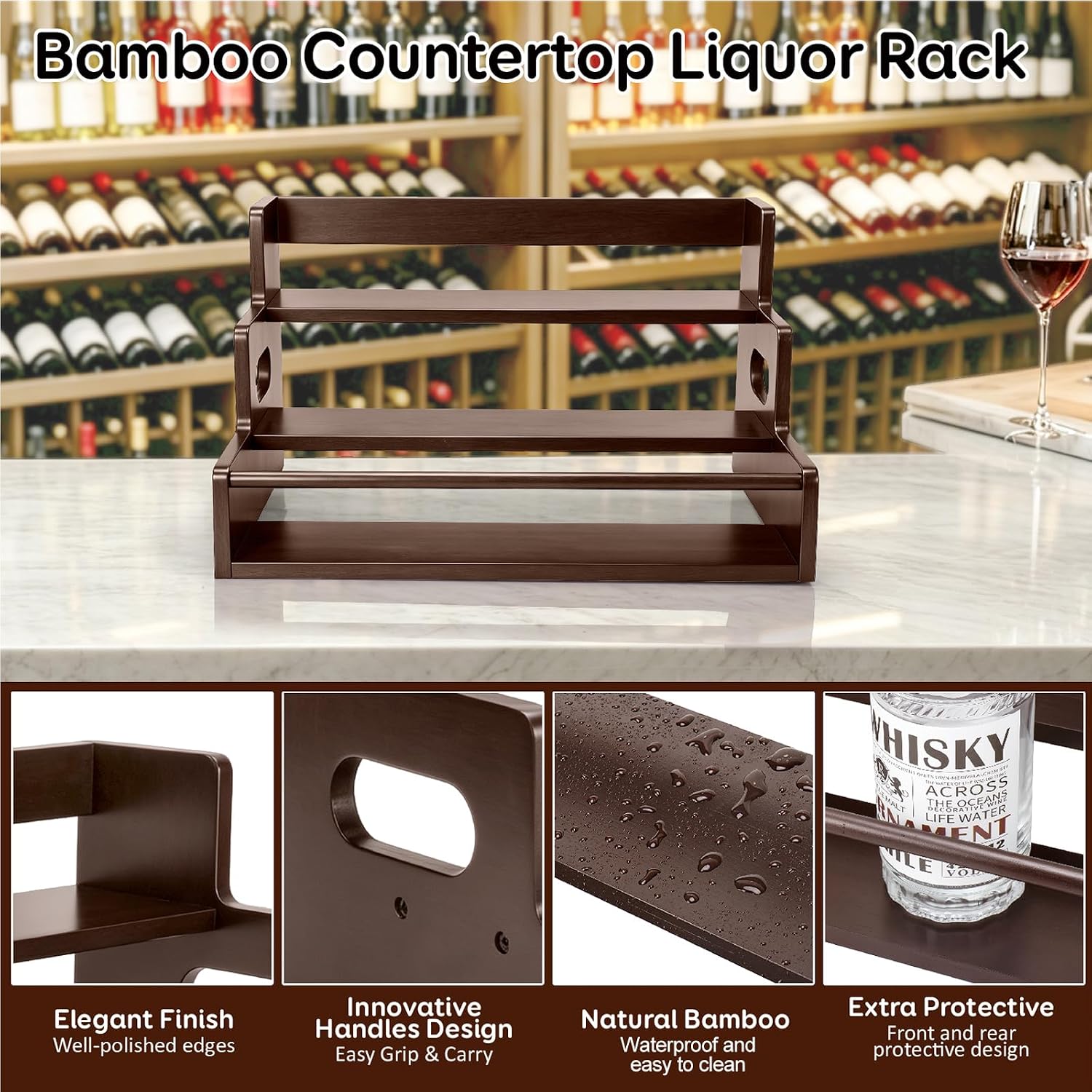 Liquor Bottle Display Shelf, 3 Step Countertop Liquor Wine Rack | Coffee Syrup Rack Organizer with handles, Bar Shelf Stand, Whiskey Spirits Wine Holder for Liquor Cabinet, mini bar, Home bar