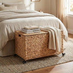 Wonderjune 30 x 17.7 x 17.7'' Rolling Storage Trunk with Wheels Woven Wicker Storage Basket with Lid Heavy Duty Blanket Toy Chest for Bedroom Closet Clothes Laundry Room Organization(Water Hyacinth)