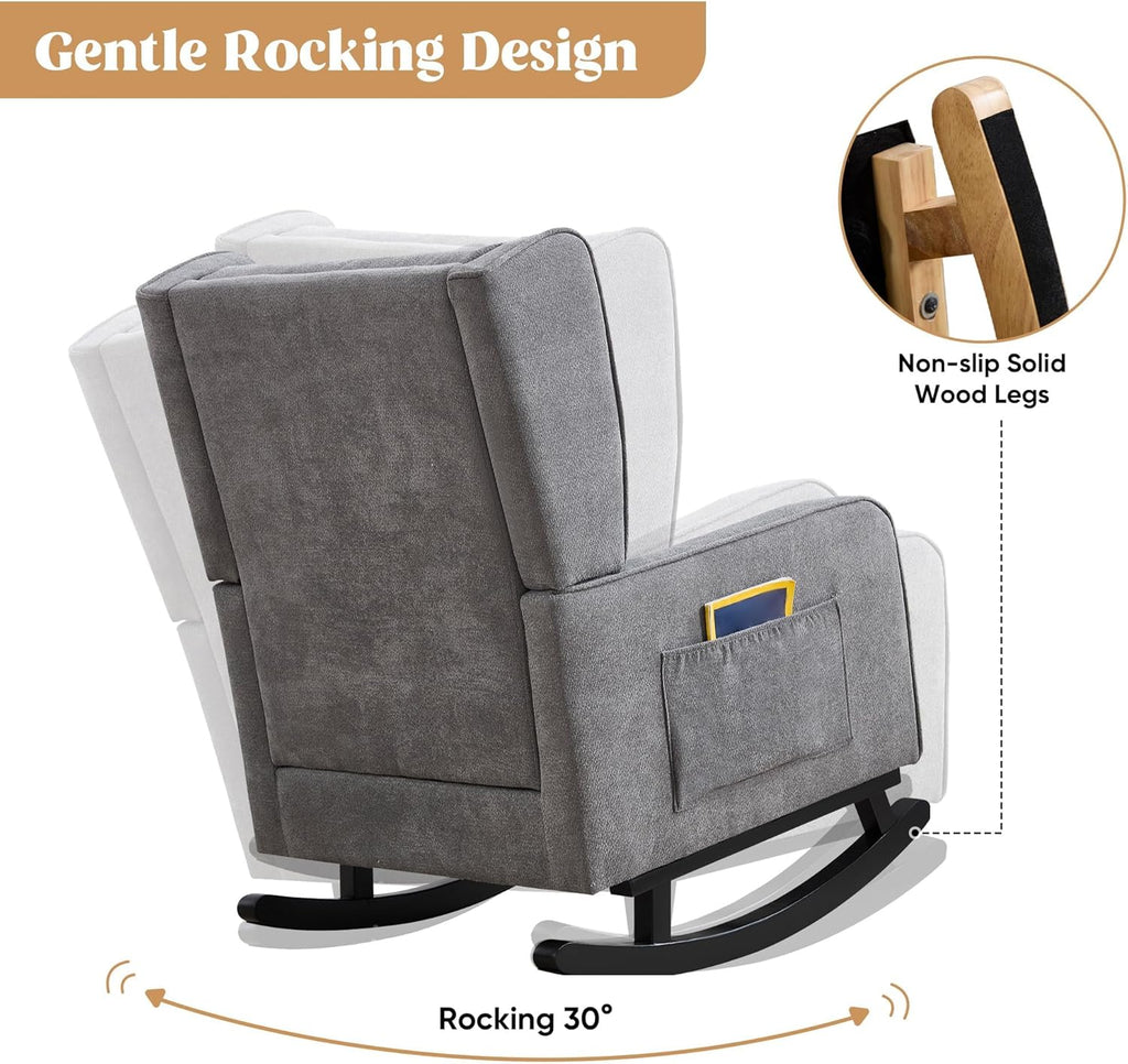 HCHAIRH Nursery Rocking Chairs, Modern Wingback Accent Chairs for Mom Nursery Rocker with High Backrest and Solid Wood Legs, Sherpa Rocking Chair Nursery for Reading Living Room Bedroom, Dark Grey