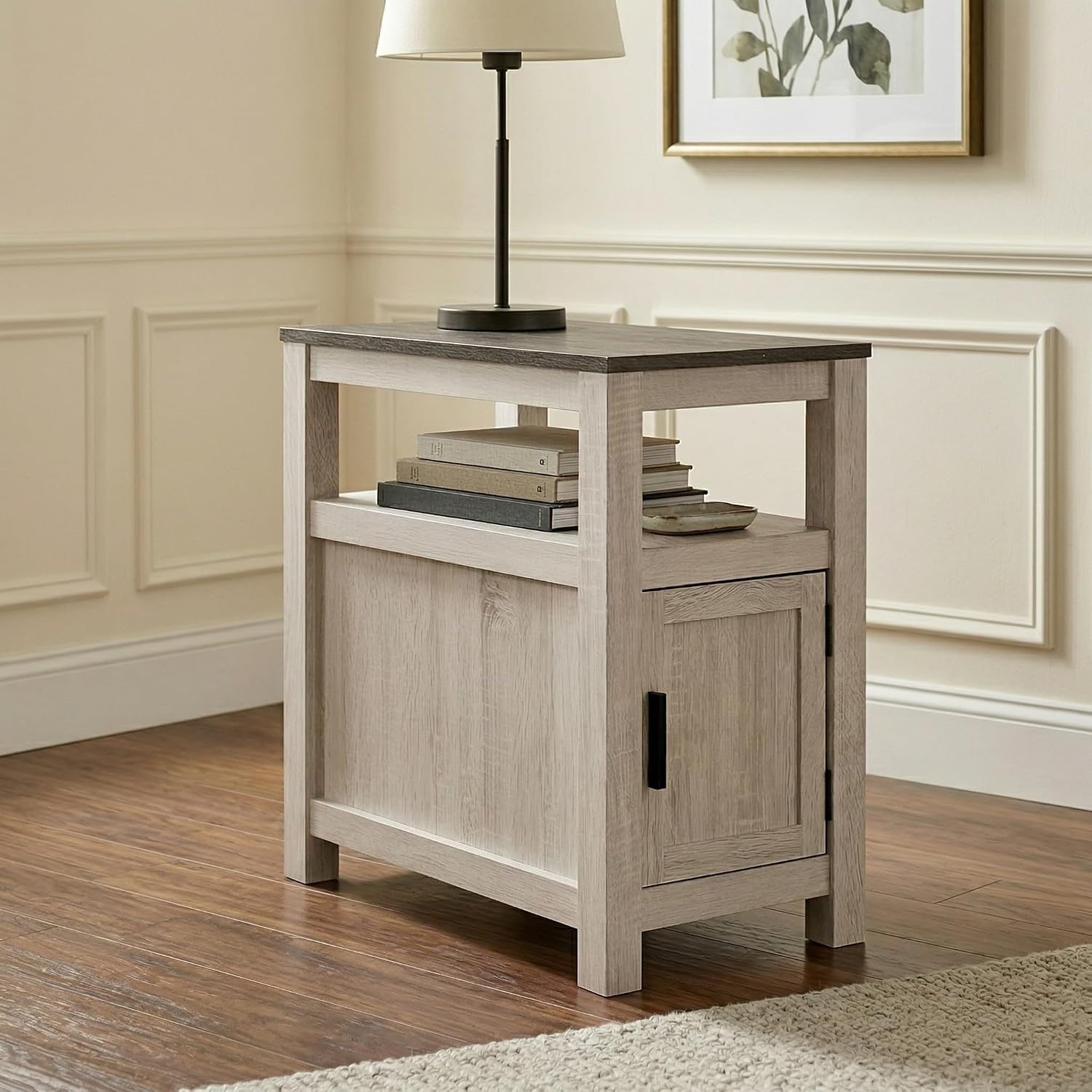 Signature Design by Ashley Fendenmore Farmhouse Chairside End Table with Storage and USB Ports, Gray & White