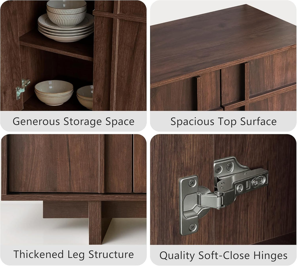 Sideboard Buffet Cabinet with Storage, Mid Century Modern Accent Cabinet with Skeleton Line & Wood Grain Texture,Minimalist Geometric Credenza for Living Room, Kitchen and Entryway, Walnut