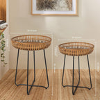 Oakrain Rattan Side Table, Nesting Tables, Set of 2, Bamboo Coffee with Metal Base for Living Room, Sofa, Bedroom, Terrace (18.11''&20.47'')