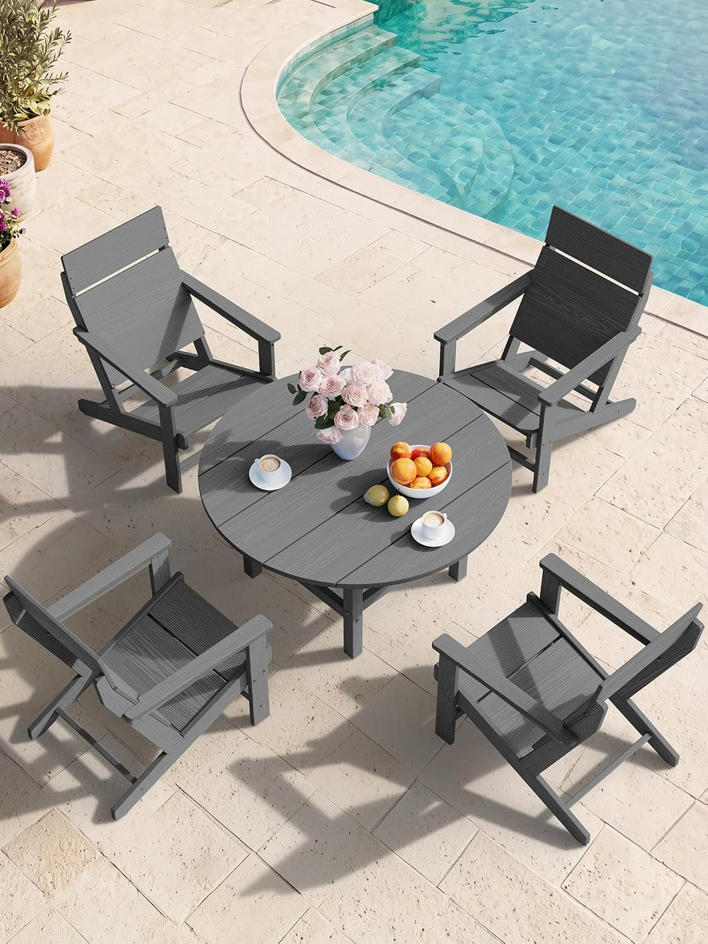 SERWALL Modern Adirondack Chairs, Slatless HDPE Adirondack Chairs, Solid Backrest Plastic Outdoor Chairs Set of 4,Wood-Like Texture-Grey