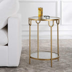 Two Tier Round Accent Table Antique Gold Iron Frame Mirrored Top Tempered Glass Shelf Modern Side Table Living Room Bedroom End Table Decorative Furniture