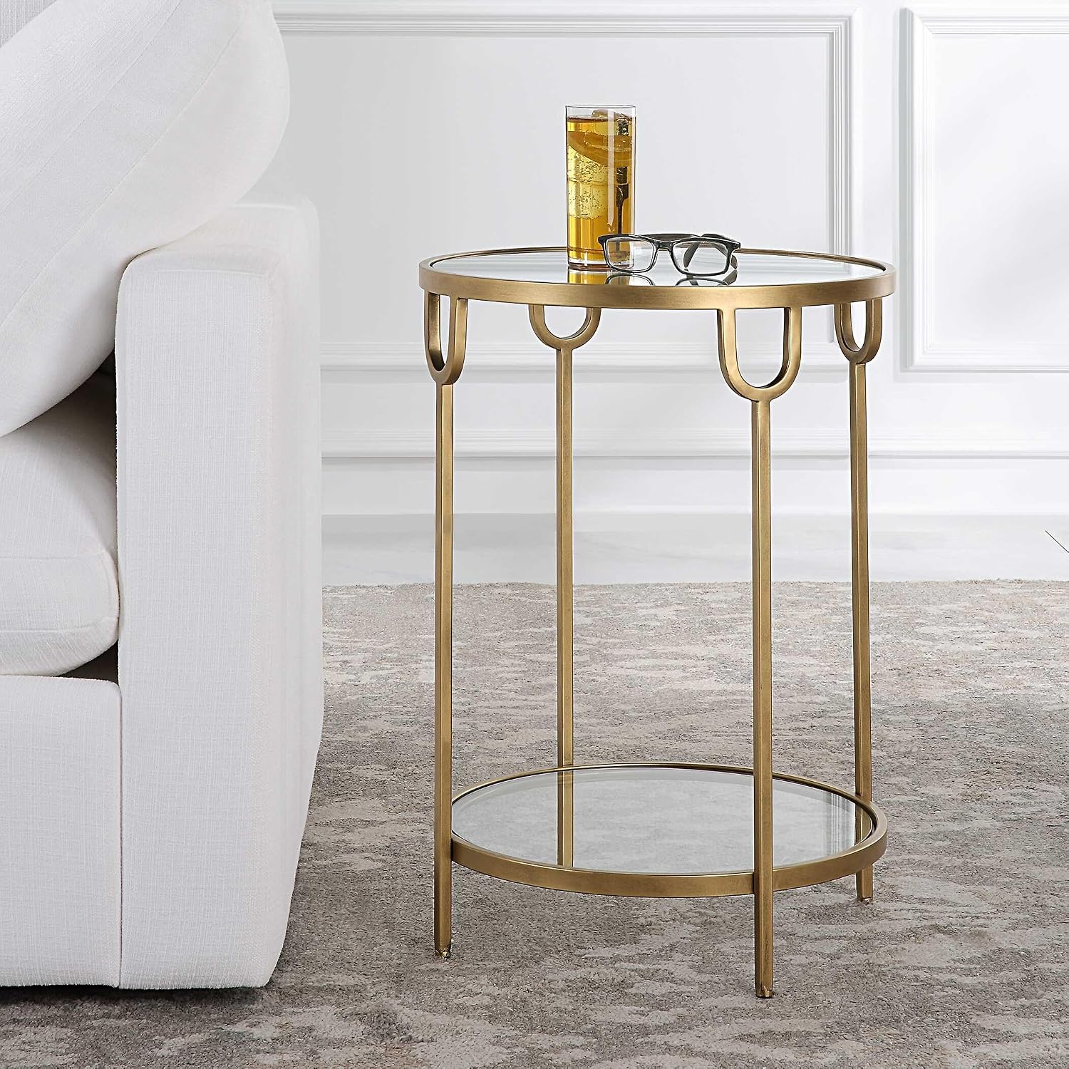 Two Tier Round Accent Table Antique Gold Iron Frame Mirrored Top Tempered Glass Shelf Modern Side Table Living Room Bedroom End Table Decorative Furniture