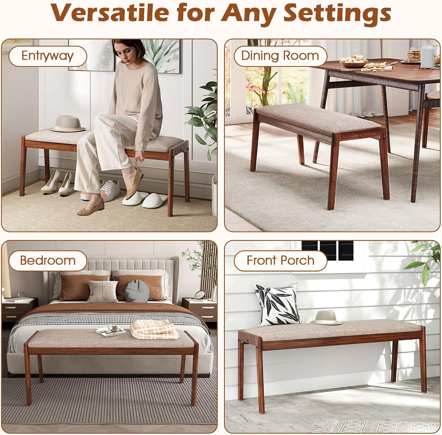 Giantex 45" Upholstered Entryway Bench with Rubber Wood Legs & Fabric Padded Seat, 400Lbs Capacity, Farmhouse Dining Bench for End of Bed, Hallway, Bedroom, Kitchen, Dining Room, Beige