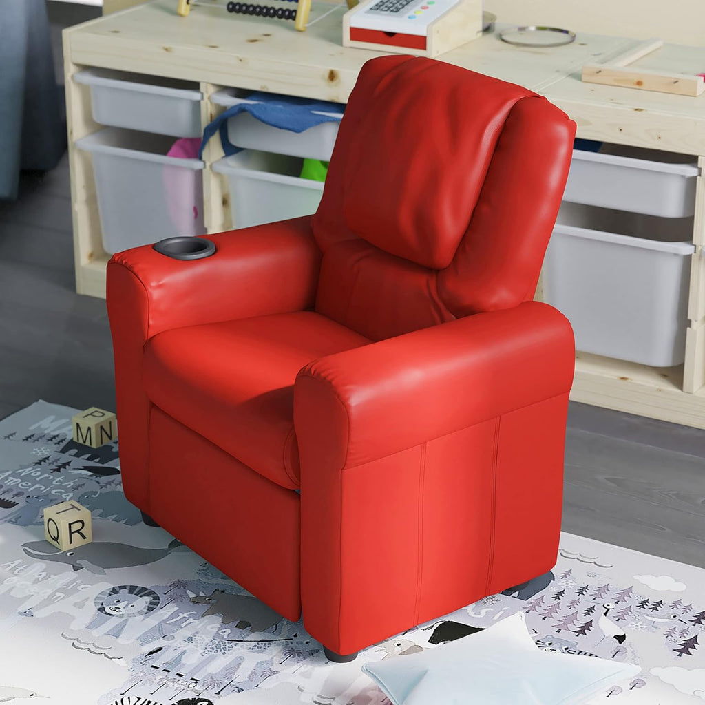 HBCY Creations Kid's Recliner - Red Vinyl Upholstery - Integrated Cupholder - Padded Headrest - Safety Recline Feature