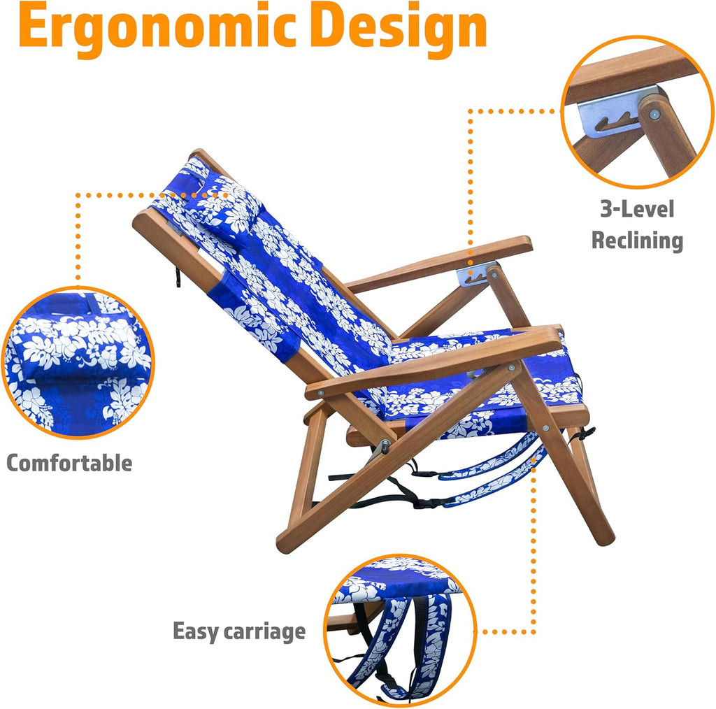 Melino Wooden Folding Outdoor Chair – 3-Position Reclining Beach Sling w/ Pillow, Zipper Pouch, Carry Strap – Acacia Wood Frame for Patio, Lawn, Garden, Pool 225 lbs Support - Portable Lounge, Floral