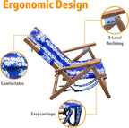 Melino Wooden Folding Outdoor Chair – 3-Position Reclining Beach Sling w/ Pillow, Zipper Pouch, Carry Strap – Acacia Wood Frame for Patio, Lawn, Garden, Pool 225 lbs Support - Portable Lounge, Floral
