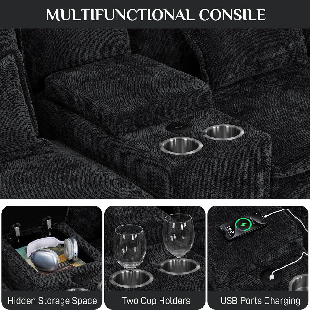 OUYESSIR U Shaped Cloud Sectional Couch, 132" Fluffy Modular Sofa Set with Double Chaise Lounge Central Console & USB Port, Comfy Chenille Big Sectional Couches for Living Room, Dark Black