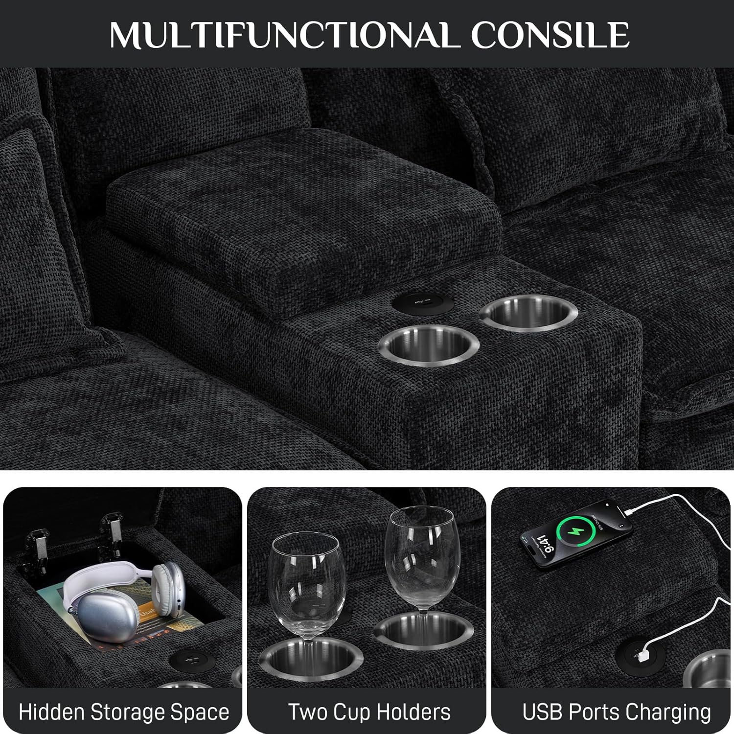 OUYESSIR U Shaped Cloud Sectional Couch, 132" Fluffy Modular Sofa Set with Double Chaise Lounge Central Console & USB Port, Comfy Chenille Big Sectional Couches for Living Room, Dark Black