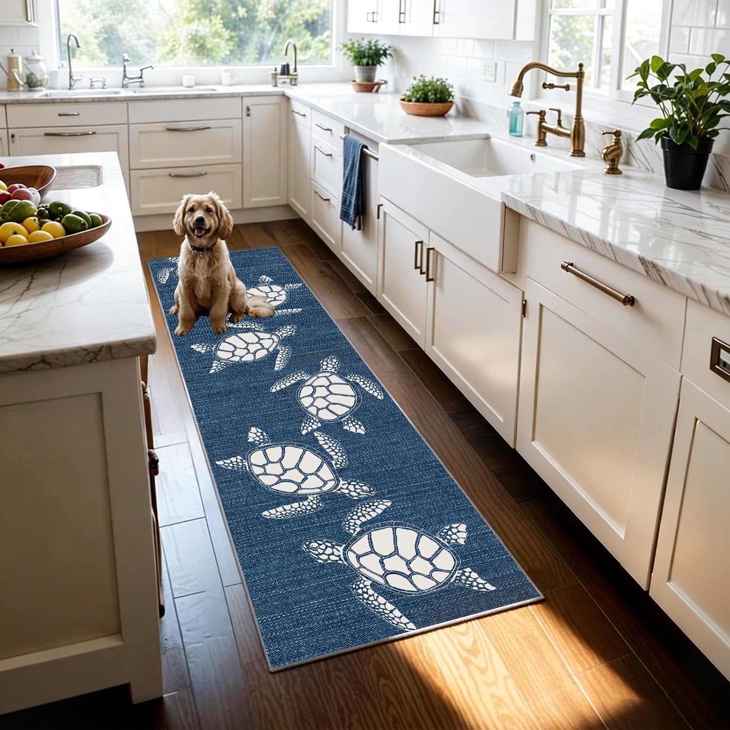 Navy Blue Sea Turtle Runner Rug 2x6, Coastal Nautical Ocean Theme, Washable Non-Slip Long Hallway Carpet Kitchen Mat Floor Area Rug for Laundry Room Entryway