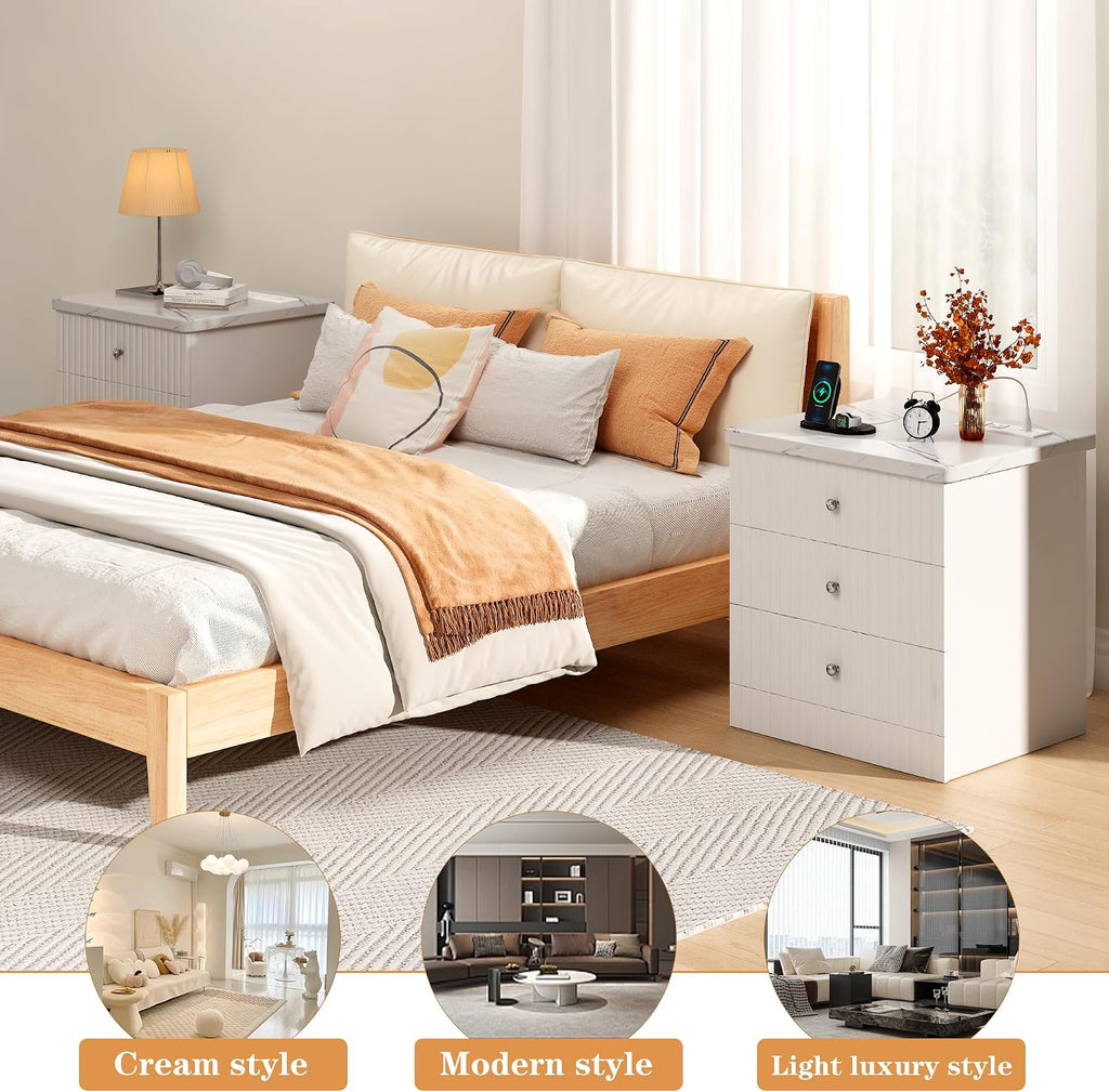 AWQM White Nightstand Set of 2, Night Stand with Charger Station and 3 Drawers, Modern End Table for Bedroom, Modern Nightstands with Storage, Suitable for Bedrooms, White