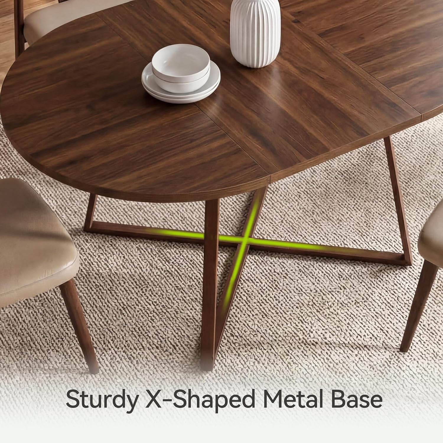 LITTLE TREE 59-Inch Oval Wooden Dining Table for 4-6, Kitchen Round Table with Metal Cross Base, Modern Farmhouse Dining Table for Small Space, Dining Room, Apartment, Living Room, Walnut (Table Only)