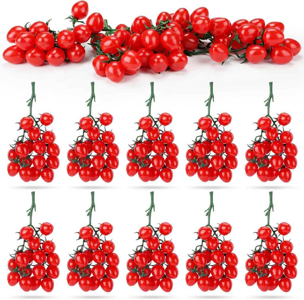 Ripeng 10 Pack Artificial Cherry Tomatoes 7.09" Long Artificial Fruit Lifelike Simulation Tomato Red Tomatoes Decoration Fake Tomato Faux Fruit Fake Vegetables Props for Home Kitchen Cabinet Decor