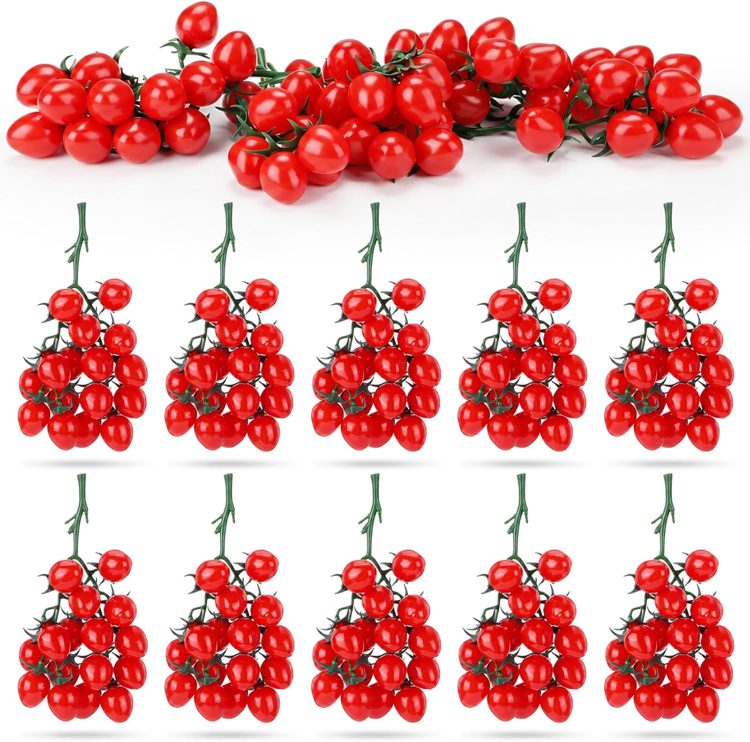 Ripeng 10 Pack Artificial Cherry Tomatoes 7.09" Long Artificial Fruit Lifelike Simulation Tomato Red Tomatoes Decoration Fake Tomato Faux Fruit Fake Vegetables Props for Home Kitchen Cabinet Decor