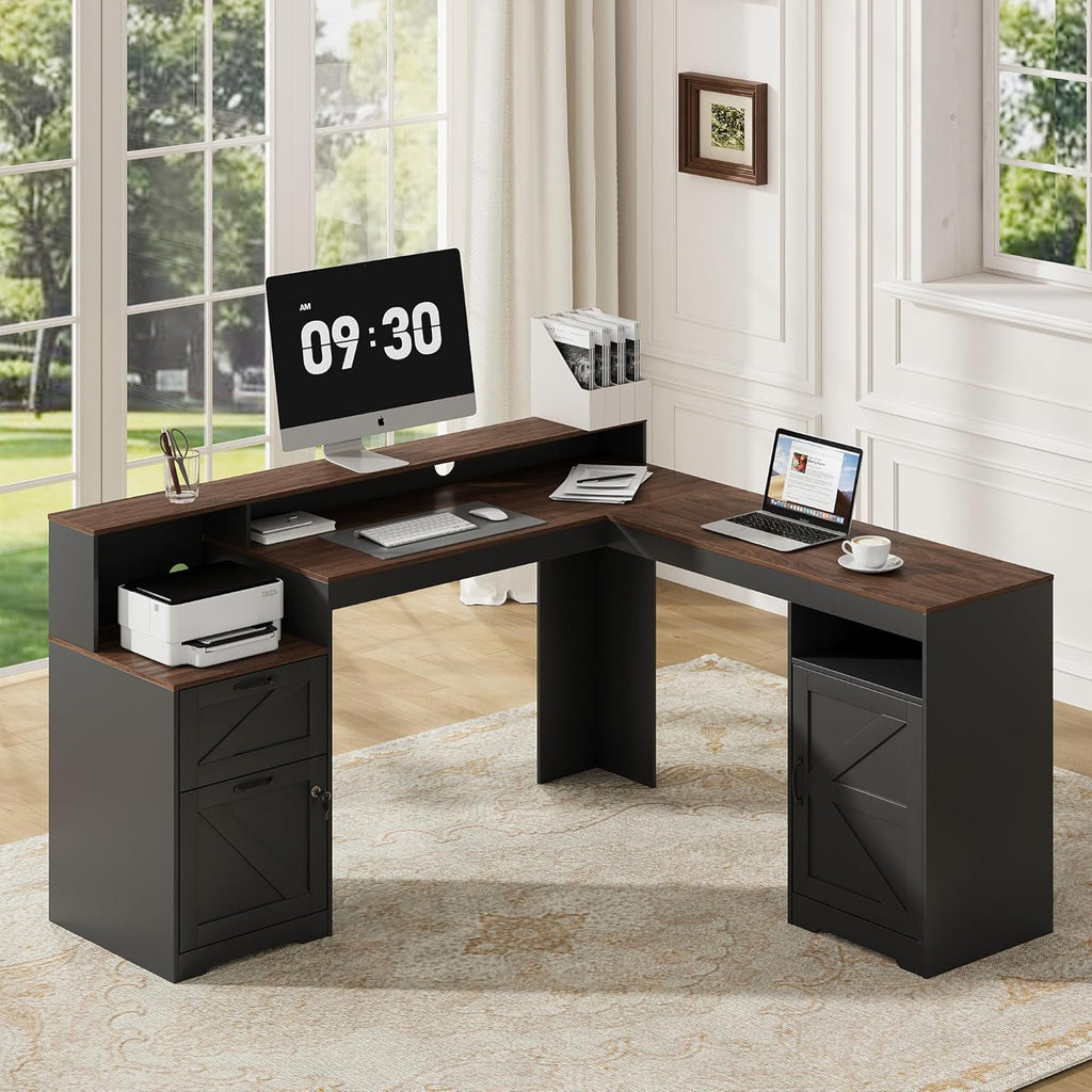 MALOL 63" Farmhouse L Shaped Executive Desk, Corner Computer Desk with Drawers & Storage Shelf, Home Office Desk with Power Outlet, Monitor Stand, Wood Grain Desktop, Black & Rustic Brown