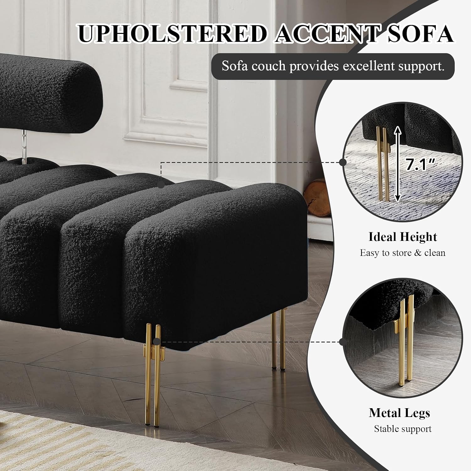 53.2" Width Ottoman Bench, Teddy Upholstered Accent Sofa with Metal Legs, Comfy Love Seat Couches with Adjustable Backrest, End of Bed Bench for Bedroom, Entryway (Black)