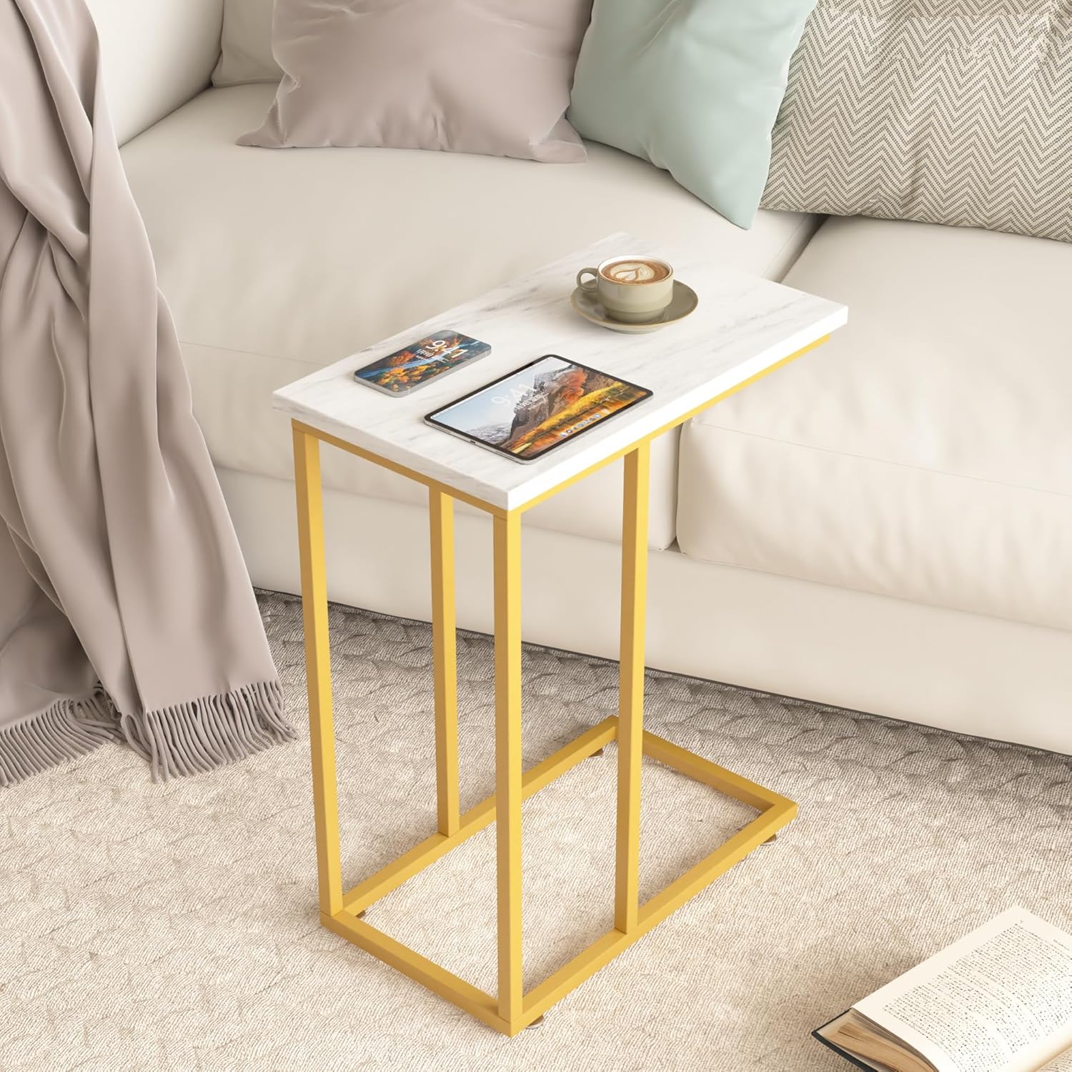 VECELO Universal C-Shaped Side Table, Multi-Functional Snack & TV Tray for Living Room, Bedroom, Gold (2 Set)