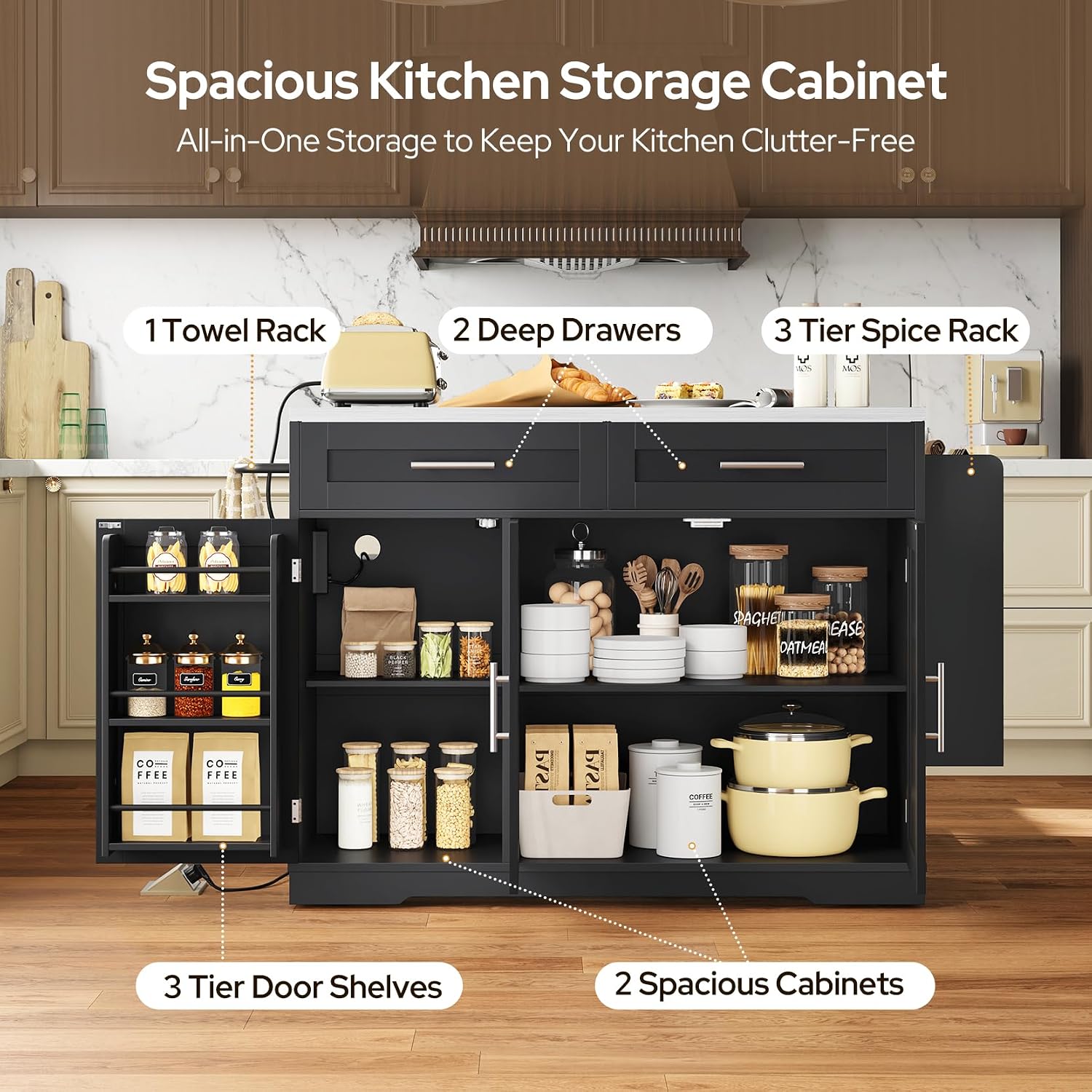 Concho 56'' Rolling Kitchen Island with Seating and Stainless Steel Countertop, Mobile Kitchen Carts with Folding Drop Leaf, 2 Bar Stools, Power Outlet, Spice/Towel Rack, Zest Black