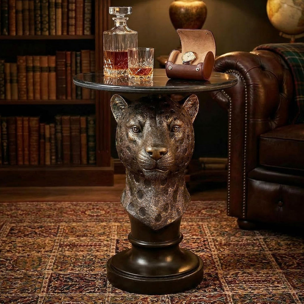 Decorative Leopard Round Side Table - Creative Bronze Animal Head End Table with Black Faux Marble Top - Luxury Safari Theme Accent Furniture Statement Piece for Living Room, Bedroom & Office