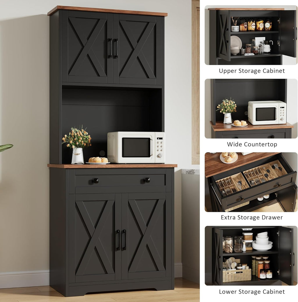 IDEALHOUSE 71" Pantry Cabinet with Charging Station, Tall Kitchen Pantry Storage Cabinet with Microwave Stand, Large Farmhouse Kitchen Hutch with Cabinet Doors & Drawer for Living Room, Dining Room