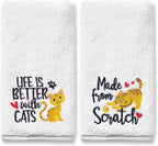 FUTBU Cat Hand Towels for Bathroom - Set of 2, Embroidered Cat Lover Gifts, Soft Cotton 14x30 Inches
