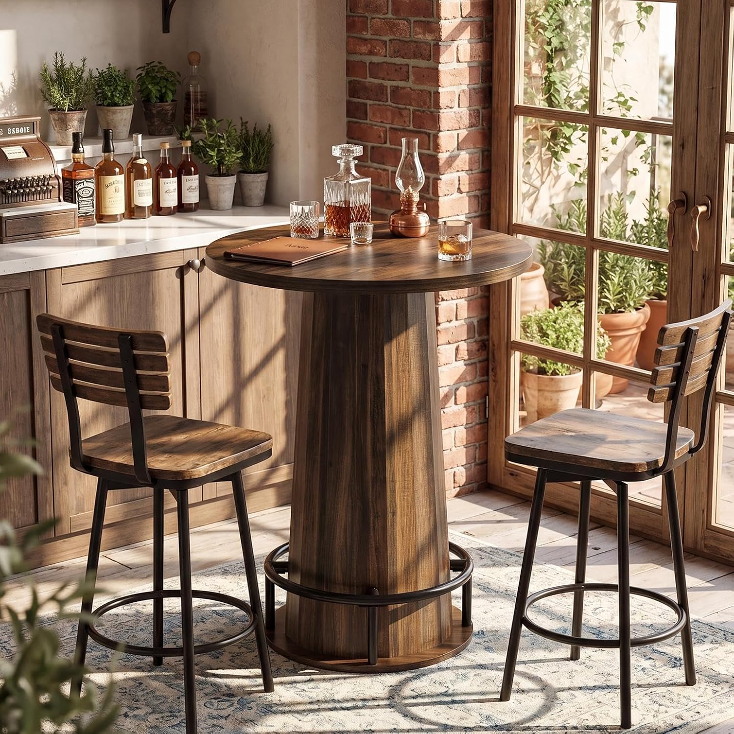LITTLE TREE 31.5'' Round Bar Table, 37.4" H Wood Pub Table with Metal Ring Footrest, Industrial Farmhouse Bar Table for Kitchen, Dining Room, Pub, Rustic Brown(Only Table)