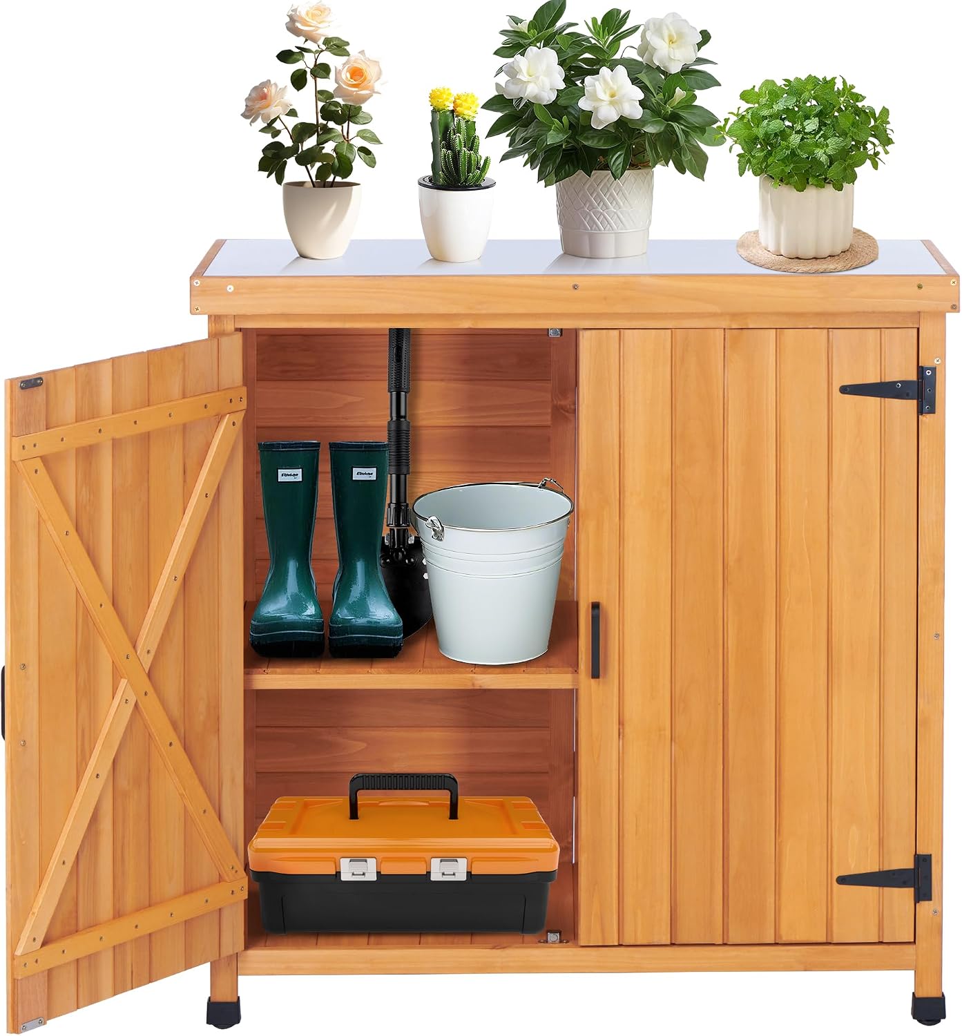 Potting Bench Table, Wooden Storage Cabinet with Removable Shelf, Metal-Plated Tabletop, Light Brown, 36x31x19 in, for Backyard Patio Lawn Gardening