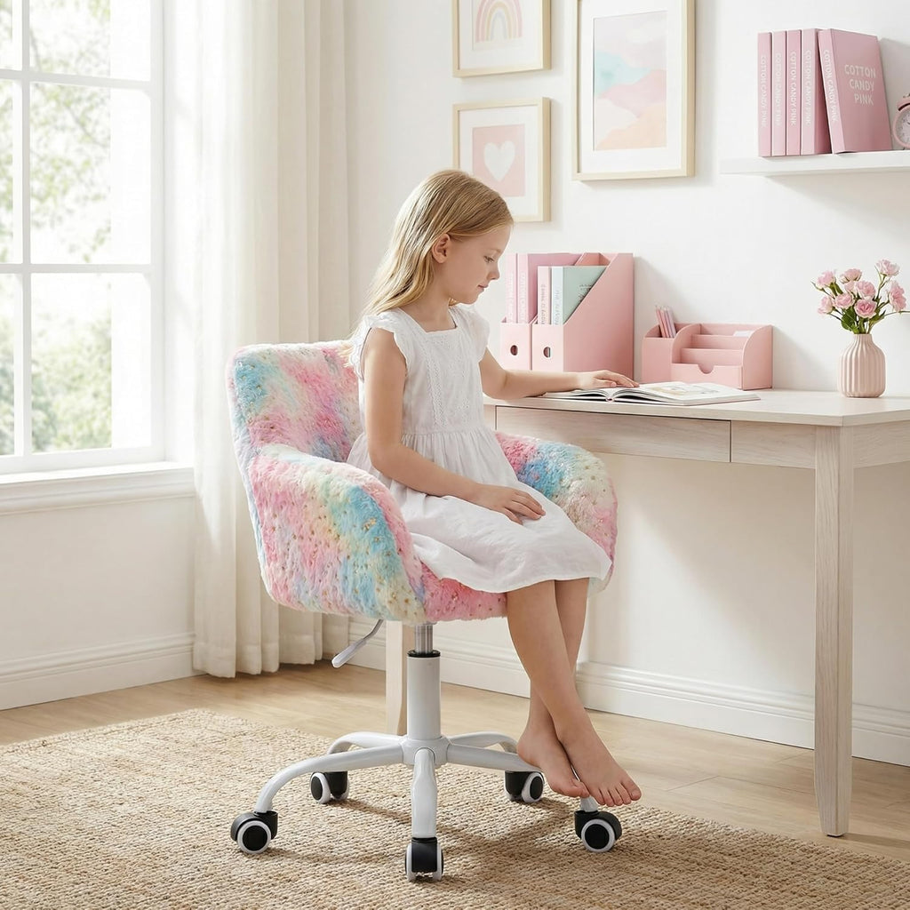 DUOMAY Kids Desk Chair, Faux Fur Colorful Upholstered Computer Chair for Boys and Girls, Cute Study Swivel Height Adjustable Arm Chair for Child, Rainbow Color
