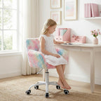 DUOMAY Kids Desk Chair, Faux Fur Colorful Upholstered Computer Chair for Boys and Girls, Cute Study Swivel Height Adjustable Arm Chair for Child, Rainbow Color