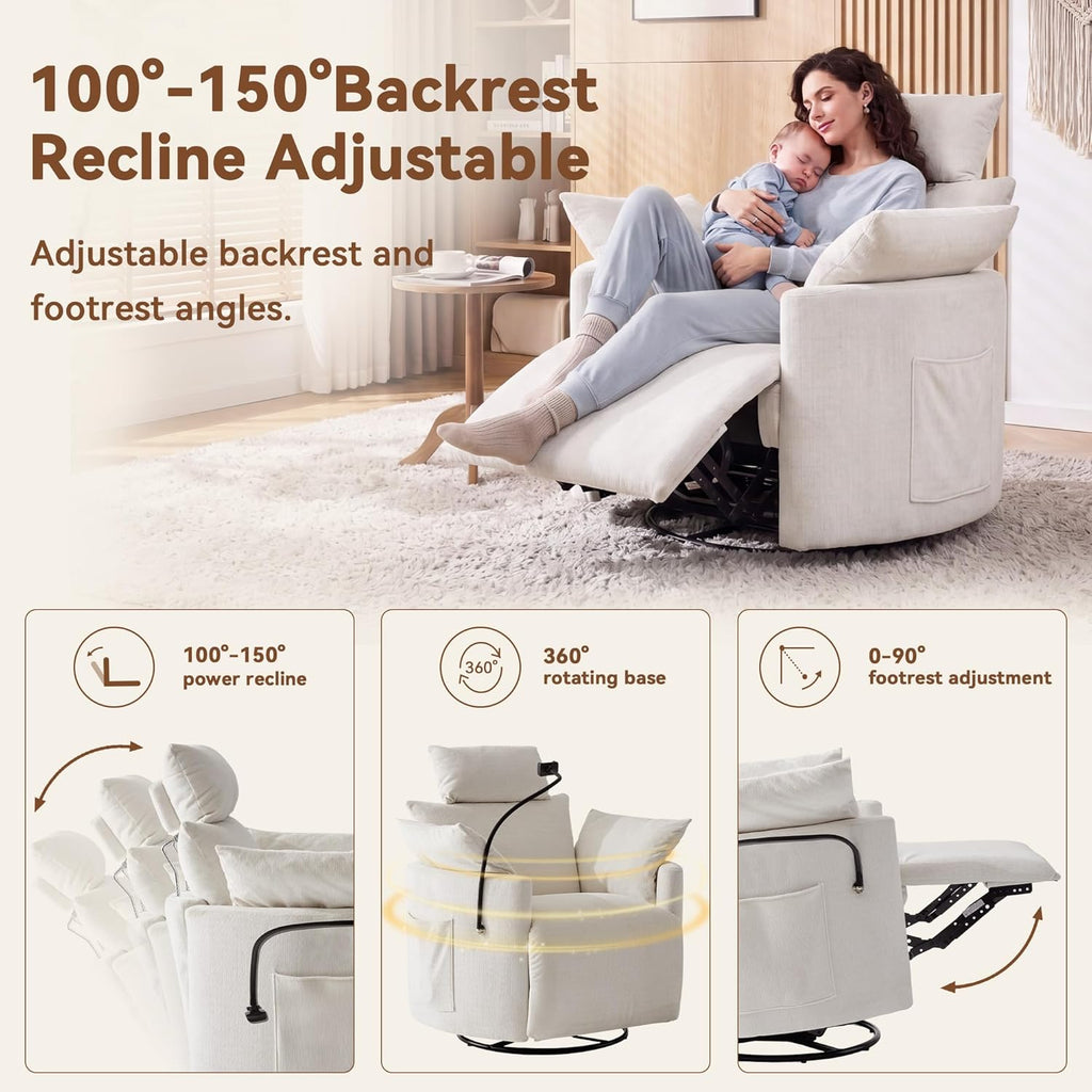 FOXHUNTER Manual Nursery Rocking Chairs Glider Rocking Chair 360°Swivel Rocking Recliner with Phone Holder,Footrest,Oversized Rocker Chair for Living Room, Chenille, White