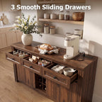 Buffet Sideboard with Storage, 55" Large Kitchen Storage Cabinet with 4 Doors, Wine Rack & Glass Holder, Farmhouse Wood Coffee Bar Buffet Table with Shelves for Kitchen, Dining Room, Walnut