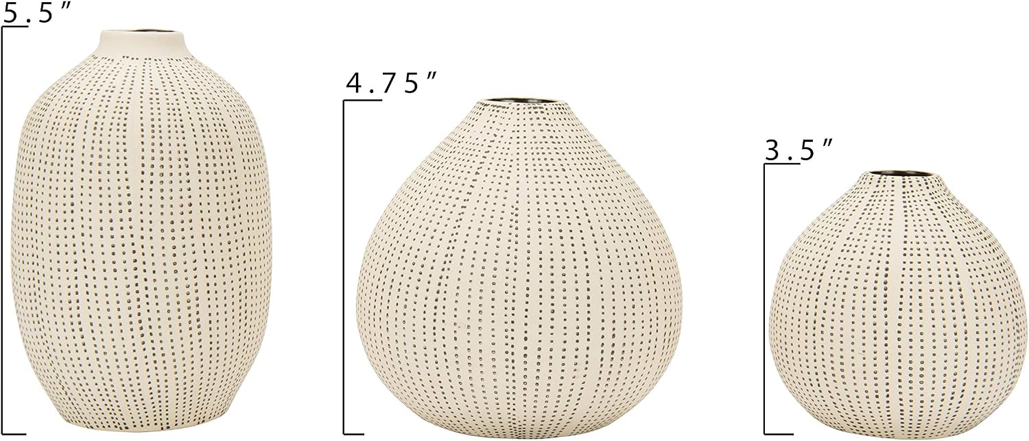 Creative Co-Op White Stoneware Vases with Textured Black Polka Dots (Set of 3 Sizes)