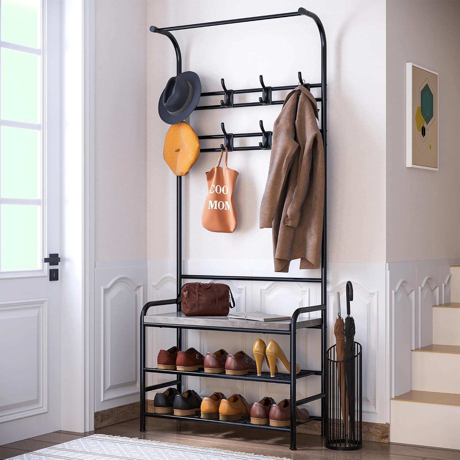 IDEALHOUSE Narrow Hall Tree Storage Bench, 4-in-1 Coat Rack with 3-Tier Shelf and 8 Hooks, Rustic Grey