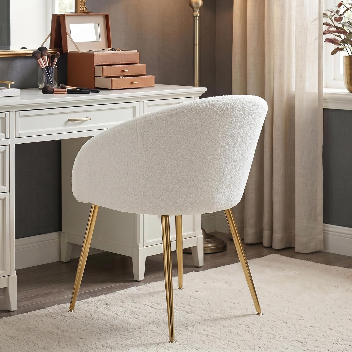 Modern Vanity Chair, Living Room Chair with Metal Legs,Teddy Fabric Dining Chair, Comfy Accent Chair for Makeup Room, Waiting Room, Dressing Room, Bedroom, Dining Room, Home Office (1, White)