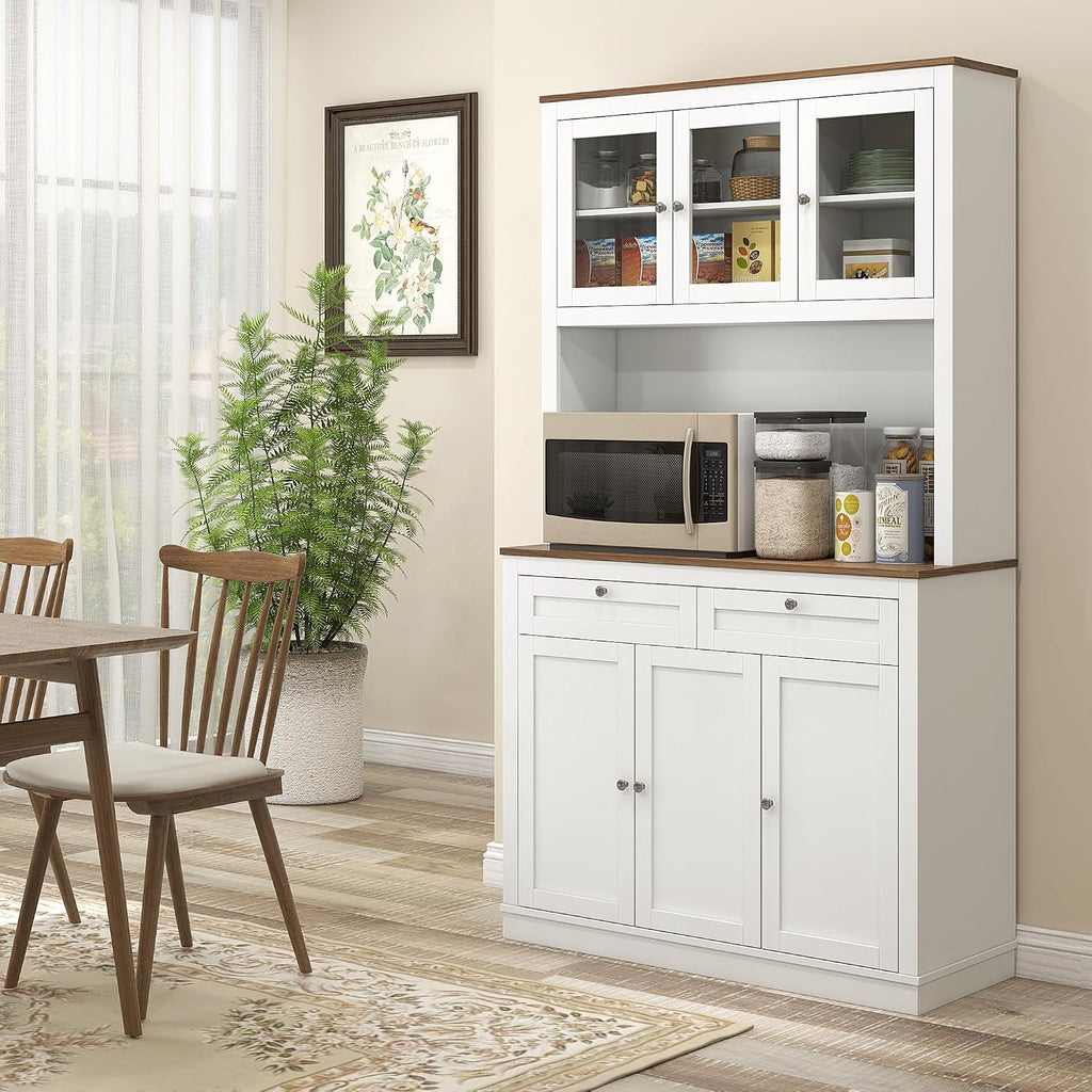 71" Tall Kitchen Pantry Storage Cabinet with Microwave Stand, Freestanding Buffet with Hutch 2 Drawers Adjustable Shelves and Glass Doors for Kitchen, Dining Room, White